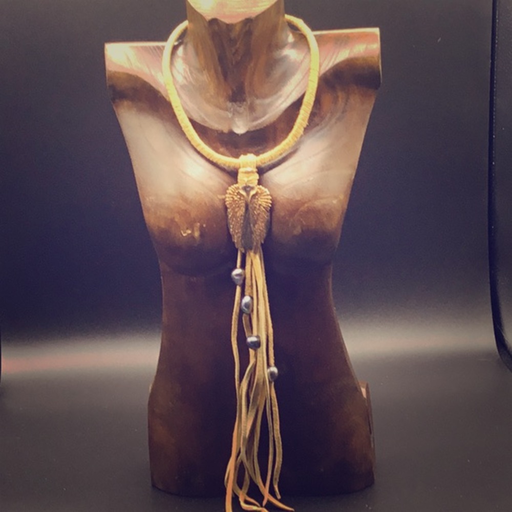 Leather Wrap Neck Wire with Tassel Drop